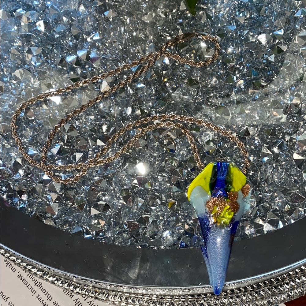 Striking Blue and Yellow glass Ribbon Necklace Italian Silver .925